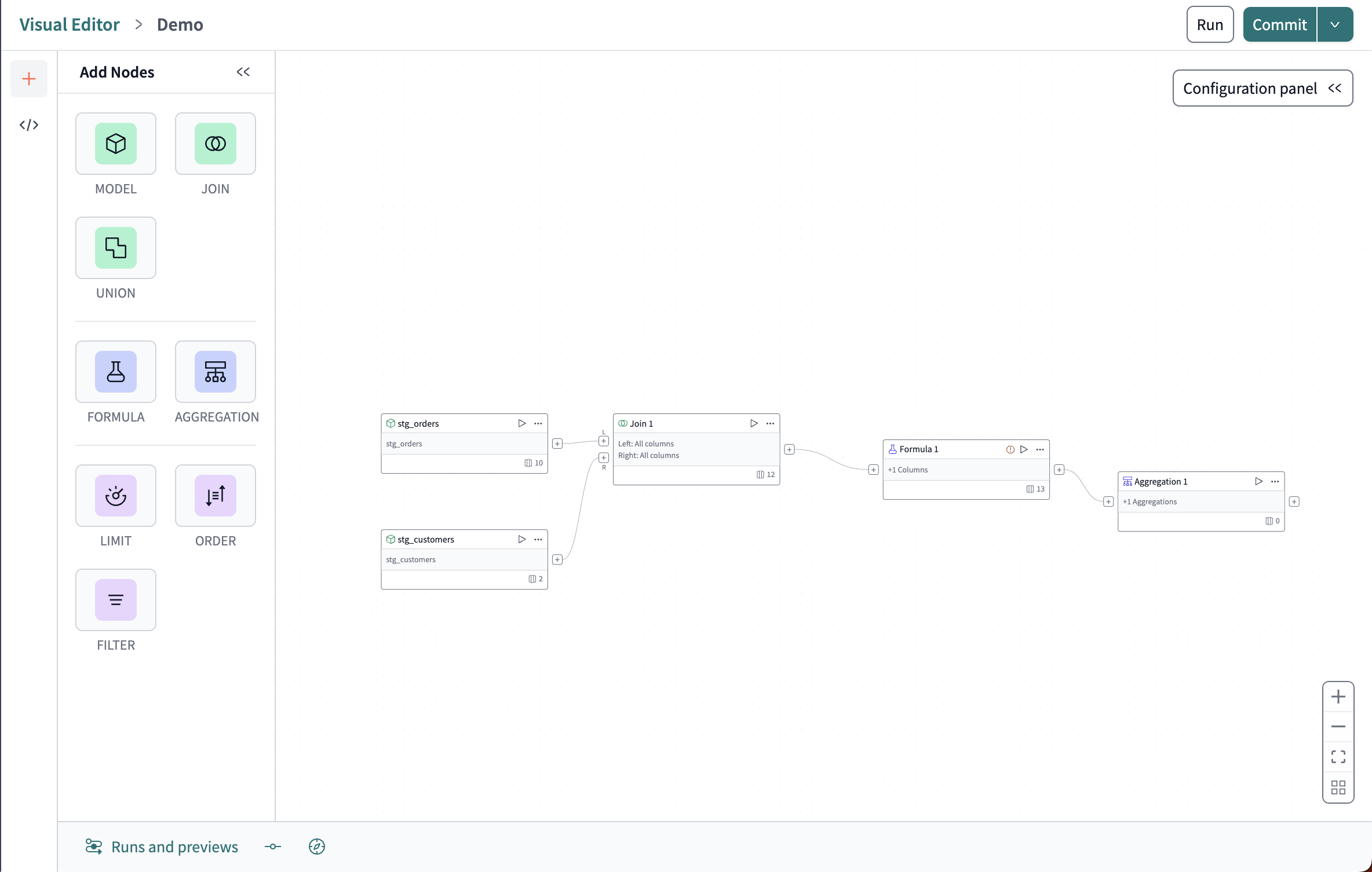 Visual editor interface that contains a node toolbar and canvas.